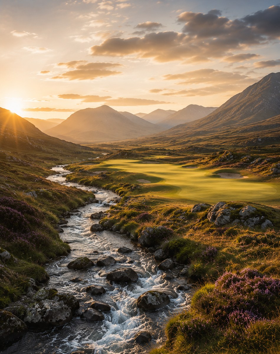 Portrait view of an inland Highland burn beside fescue and distant mountains.