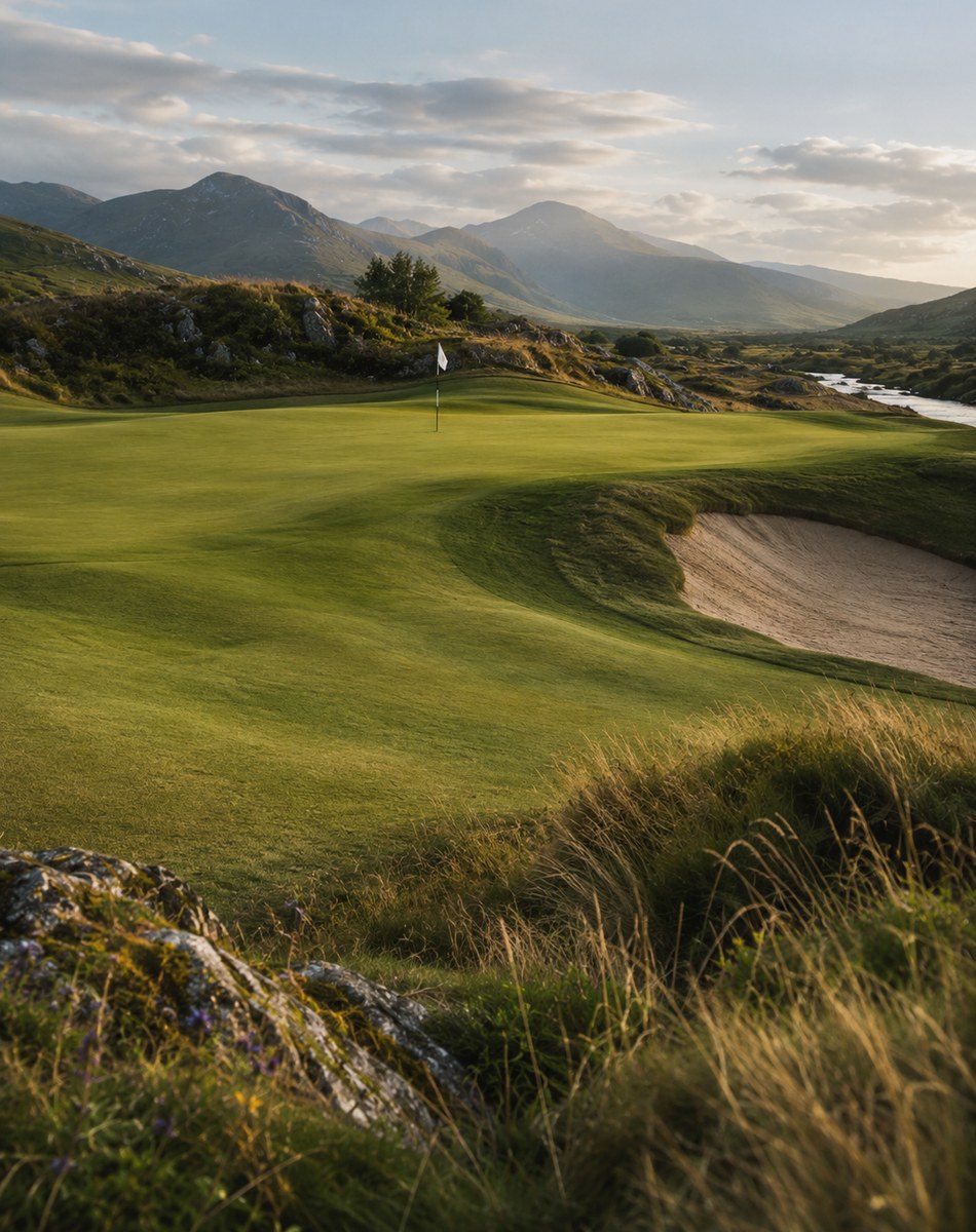 Portrait view of a green complex and bunker under Highland mountains.