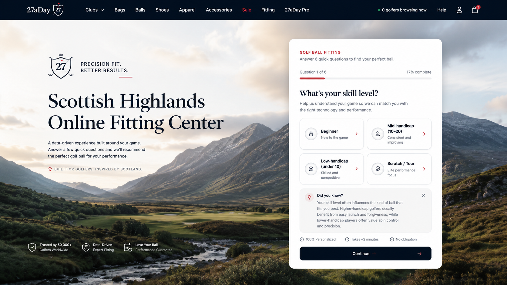 Scottish Highlands Online Fitting Center interface over a Highland valley.