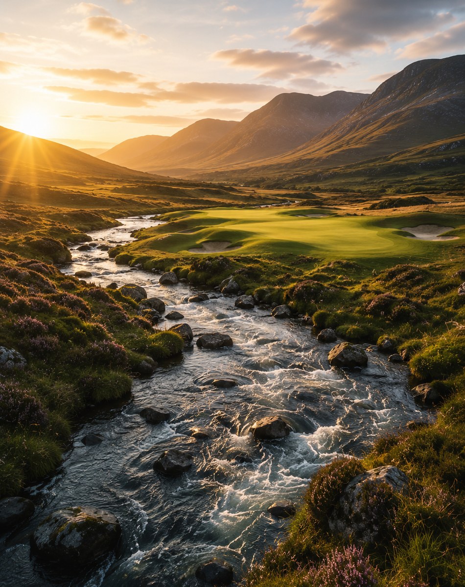 Portrait view of a golden burn running through an inland Highland golf hole.