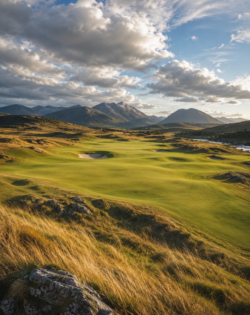 Portrait view of windswept inland links turf and rough in the Scottish Highlands.